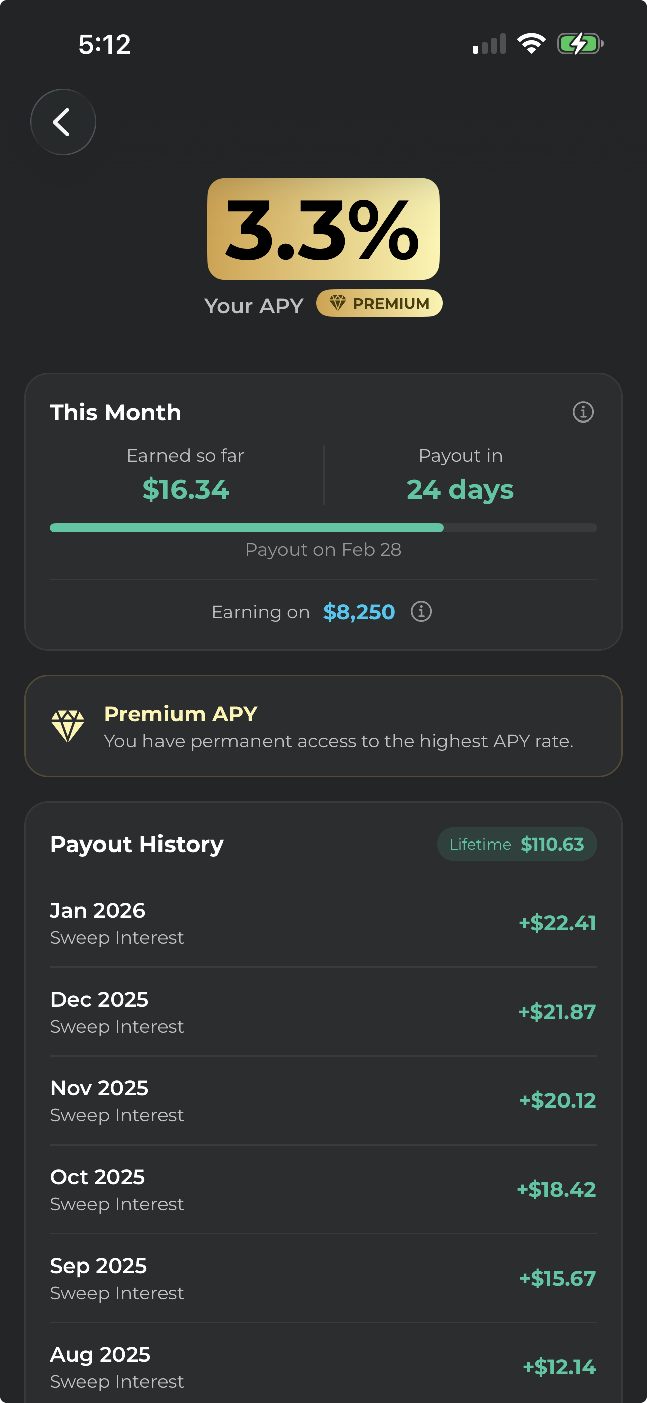 APY screen showing savings yield
