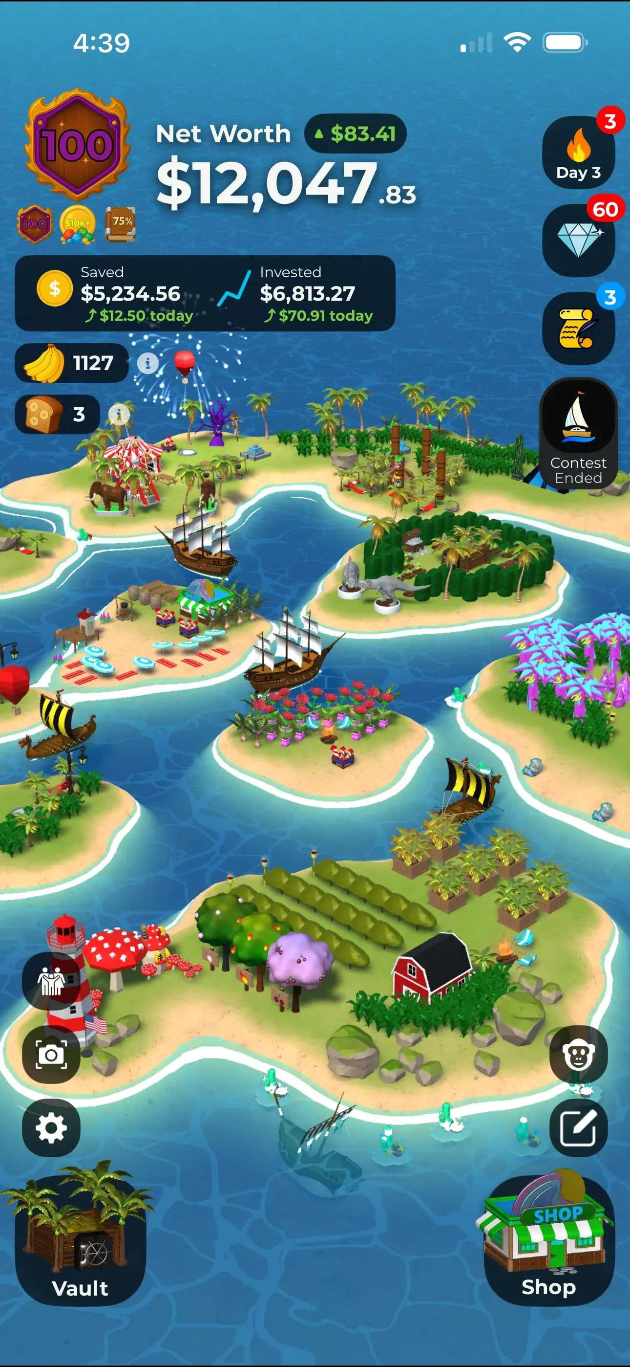 Cove app showing your personal island with decorations representing your savings