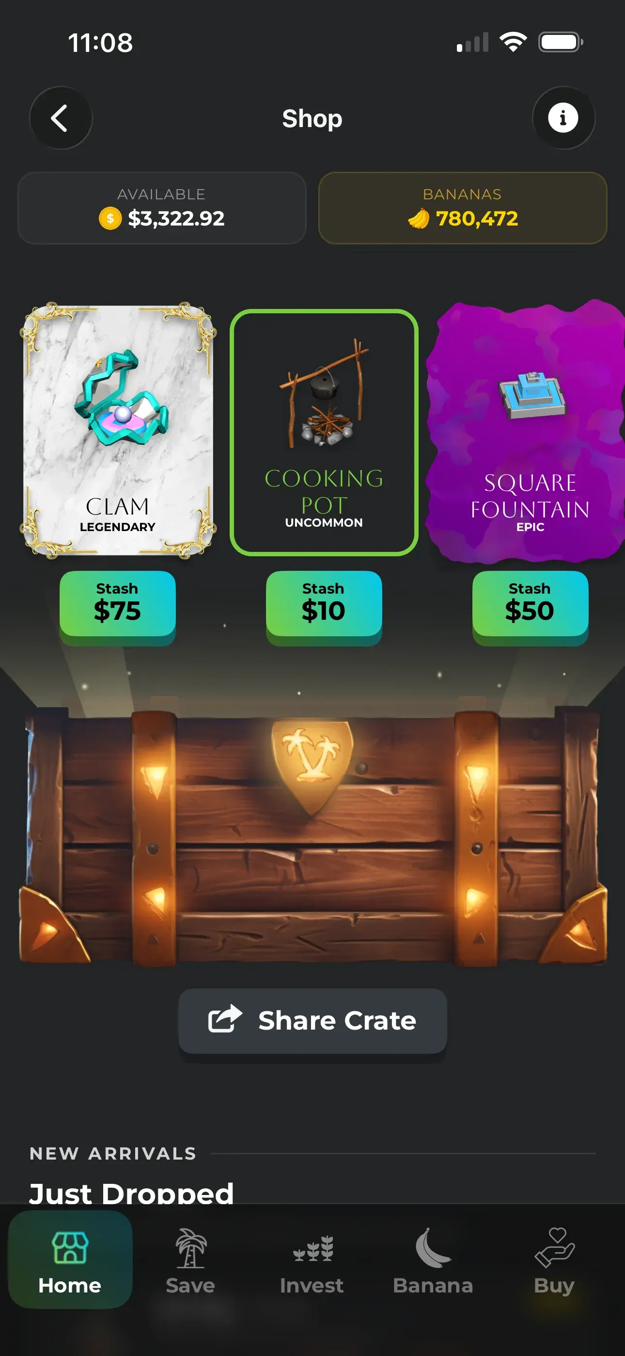 Daily shop with mystery crate and collectible decorations