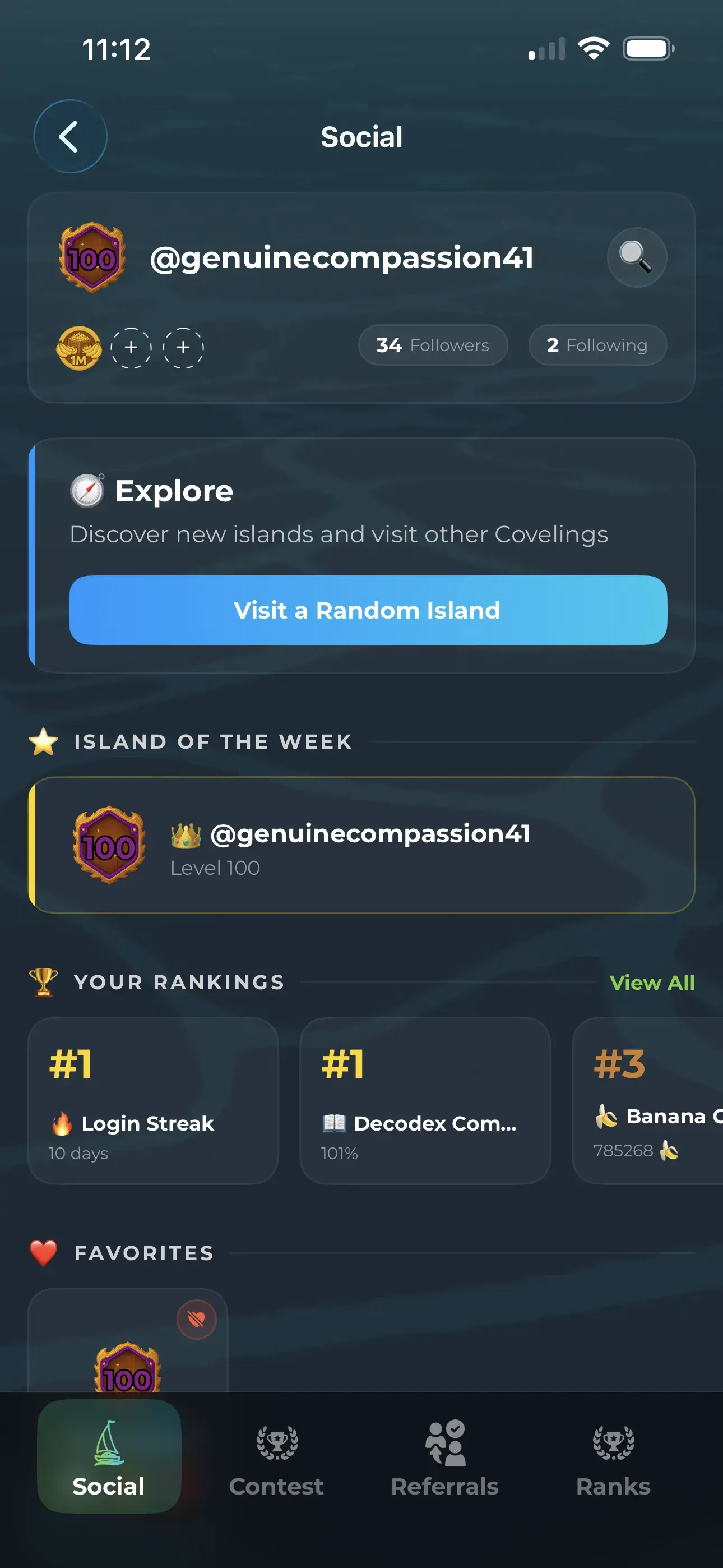 Social features showing friend islands and leaderboards